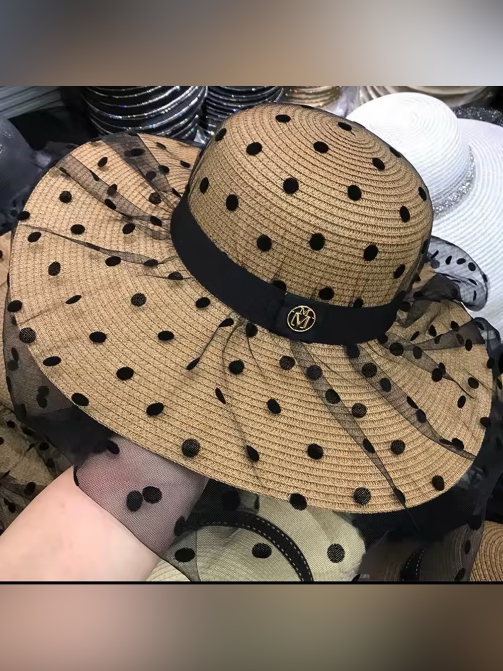 Women’s Brown Straw Sun Hat with Black Polka-Dot Tulle and Black Band